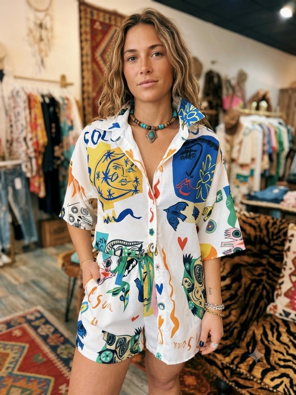 Soleil Satin Oversized Two Piece Short Set Size S • Abstract Art Graffiti Co-Ord